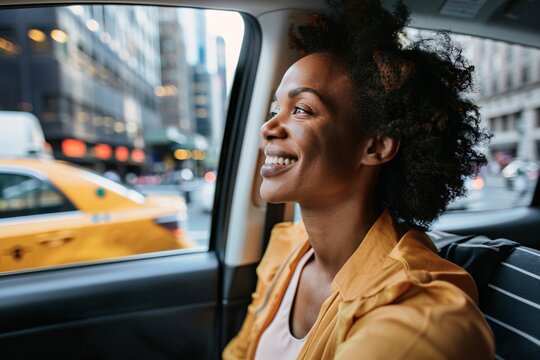 Smiling black woman sitting comfortably in the back seat of a taxi, excitedly looking out the window at the passing cityscape as she heads to the airport for her vacation