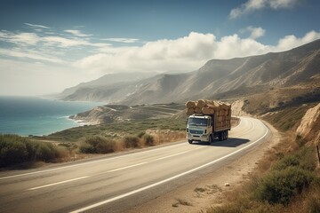 Truck driving along a mountain road along the sea, Banner