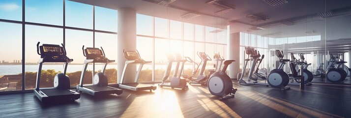 Blurred large gym with exercise equipment with sunlight, banner - obrazy, fototapety, plakaty
