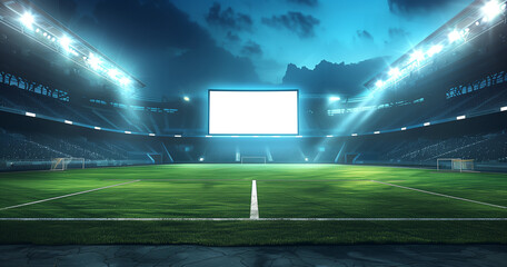 football stadium at night, illuminated by bright lights and spotlights