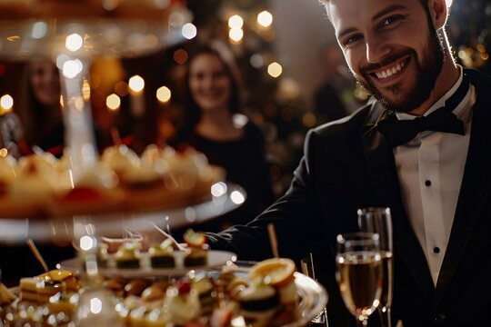 A luxurious birthday party for a refined man, complete with gourmet delicacies and elegant settings, depicted in a close-up frame highlighting the celebrant's beaming smile