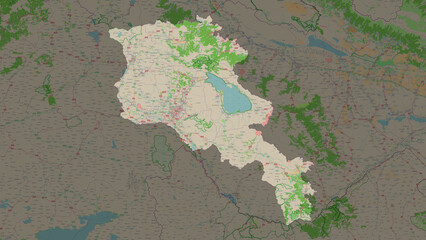 Armenia highlighted. OSM Topographic French style map