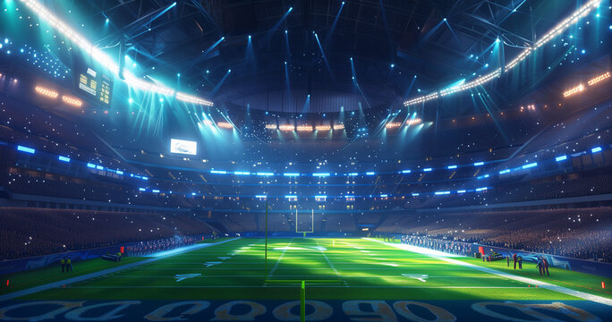 football stadium at night, illuminated by bright lights and spotlights