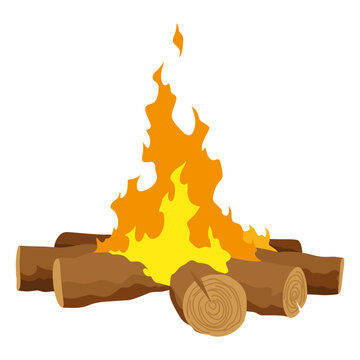 Fireplace campfire type. Burning wood, travel and adventure symbol. Vector bonfire or woodfire in cartoon flat style. Tourist bonfires in stack