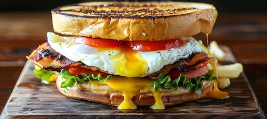 Gourmet sandwich with poached eggs in professional food photography for culinary enthusiasts