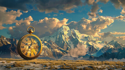 A giant clock in front of the mountains time is running out