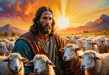 Jesus christ the shepherd and his sheep - obrazy, fototapety, plakaty