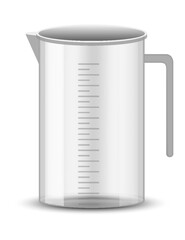Plastic or glass measure jug. Realistic glass cup with measurement scale for volume isolated. Container for cooking or chemicals. Vector icon