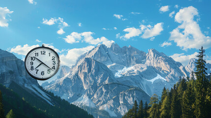 A giant clock in front of the mountains time is running out