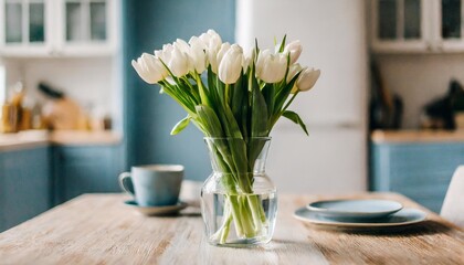 vase with fresh spring flowers on dinning table on the background of modern kitchen in scandinavian interior style light white blue colors