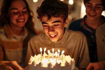 A close-up of a teenage boy's face lighting up with happiness as he blows out the candles on his birthday cake surrounded by loved ones