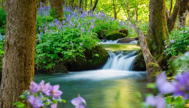 fantasy fabulous wide panoramic photo background with big tree forest summer floral rose and bluebell campanula flower bush stream water fall 3d illustration background environment future imagine