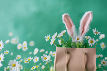 Cute bunny in a bag on a green background with daisies.  Easter- spring theme, Generative Ai - 758173703