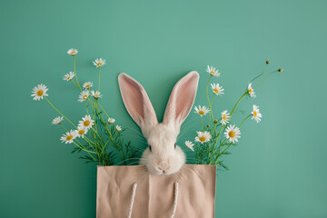 Cute bunny in a bag on a green background with daisies.  Easter- spring theme, Generative Ai - 758173715