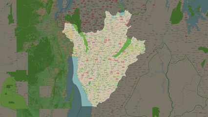 Burundi highlighted. OSM Topographic French style map