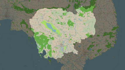 Cambodia highlighted. OSM Topographic French style map
