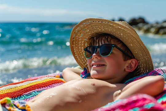 Cheerful boy with a beach hat and sunglasses, reclining on a colorful beach towel with a contented smile, the rhythmic sound of crashing waves lulling him into a state of blissful relaxation - Powered by Adobe