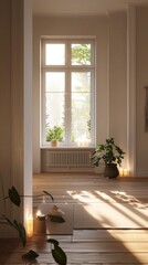 A room with a large window and a plant in a vase