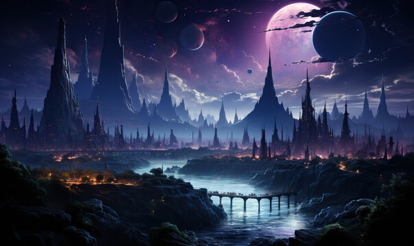 Night fantastic landscape of an unknown planet.