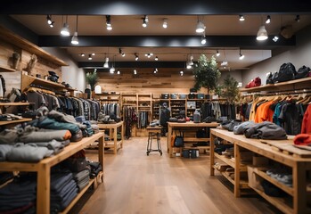 Blurred image of an outdoor gear shop, generative AI