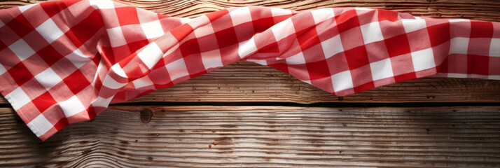 Obraz premium A red and white checkered tablecloth on a wooden background with copy space, banner