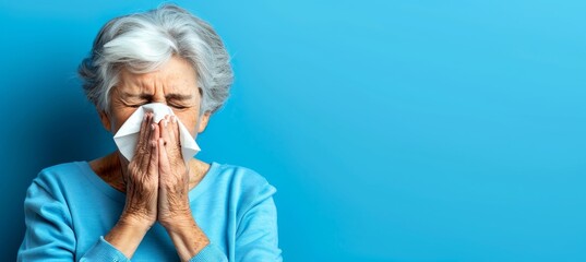 Closeup of senior woman blowing nose into tissue with ample space for text placement