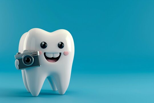 A tooth is holding a vintage camera as if ready to take a photograph. Funny dental radiography, tomography or teeth x-ray concept.