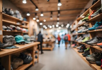 Blurred image of an outdoor gear shop, generative AI