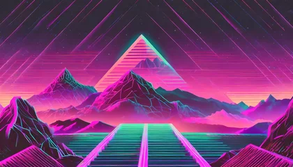 Fotobehang synthwave 3d retro cyberpunk style landscape background banner or wallpaper bright neon pink and purple colors © joesph