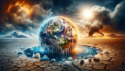 Dramatic climate change concept with melting Earth sphere. - obrazy, fototapety, plakaty