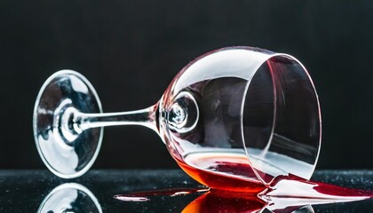 spilled wine glass on a black background with reflection