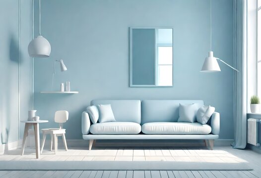 Interior of the room in plain monochrome pastel blue color with furnitures and room accessories. Light background with copy space. 3D rendering for web page, presentation or picture frame backgrounds