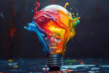 Exploding lightbulb with vibrant paint splatters representing a burst of creativity and inspiration - obrazy, fototapety, plakaty