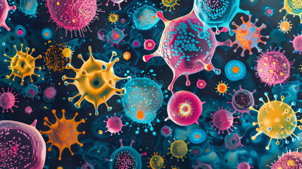 Abstract Illustration of Various Viruses in Vivid Colors on Fluid Background.