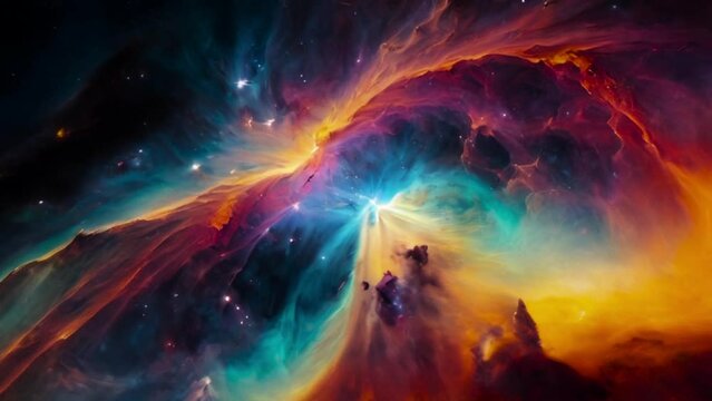 A video of flying through a colorful nebula in deep space, generative ai