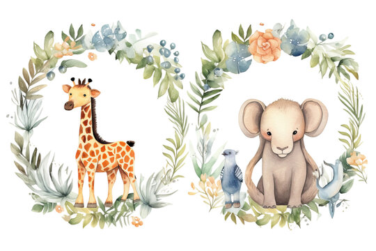 Baby invitation baby shower frame watercolor safari birthday announcements invitations animals illustration tags