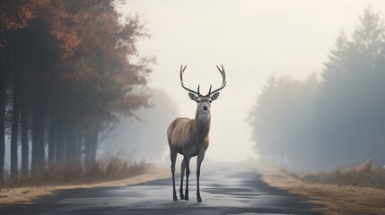 Deer Standing on the Road Near the Forest


