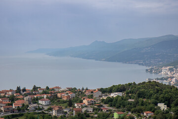 Fototapeta na wymiar Beautiful panoramic views of the Adriatic Sea and the Istra peninsula from the small town of Kastav and Cres island, Kvarner Bay, Primorje -Gorski Kotar, Croatia