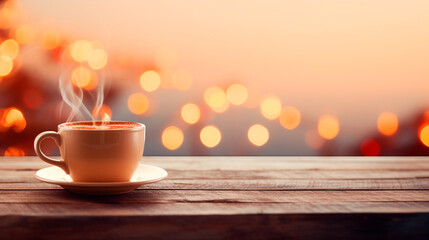 hot coffee in a cup with blurred coffee background