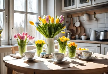 Fototapeta na wymiar Easter table with spring flowers in a sunny April kitchen 