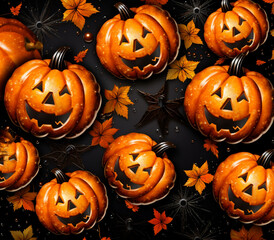 seamless design Pumpkins orange bats made from glitter elements spider webs and sunflowers and fall leaves created with Generative Ai