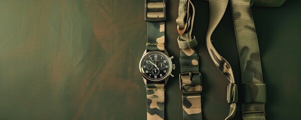 Military watch and tactical belt on army green background - obrazy, fototapety, plakaty