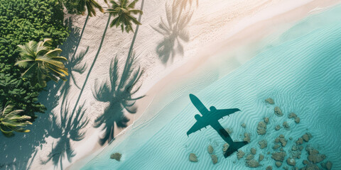 Fototapeta na wymiar An aerial view shadow airplane flying over the beach, traveling summer vacation,banner