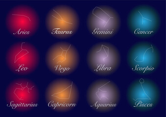 Constellations, set collection of 12 zodiac signs with titles. Aries, Taurus, Leo, Gemini, Virgo, Scorpio, Libra, Aquarius, Sagittarius, Pisces, Capricorn, Cancer. Vector, isolated on blue background
