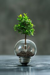 Light bulb with a green tree growing through glass. Green alternative energy ecology concept. AI Generated - obrazy, fototapety, plakaty