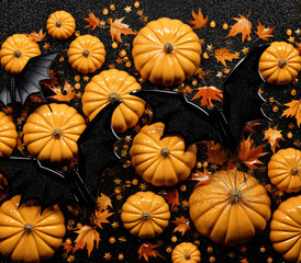 seamless design Pumpkins orange bats made from glitter elements spider webs and sunflowers and fall leaves created with Generative Ai