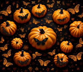 seamless design Pumpkins orange bats made from glitter elements spider webs and sunflowers and fall leaves created with Generative Ai