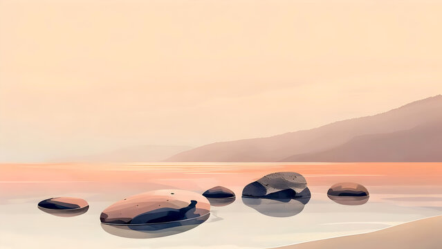 Minimalist calm nature background: Serene watercolor illustration of Landscape With Sand, zen rocks, gentle, soft light, mindfulness, meditation, relaxation, wallpaper, backdrop
