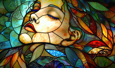Stained glass- abstract female silhouette pattern , Rebirth of Stained Glass texture colorful wallpaper
