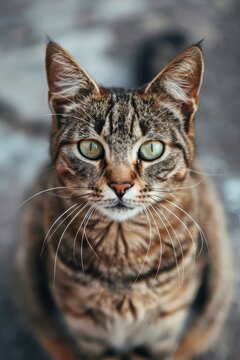 Portrait of a cat with green eyes on a blurred background.